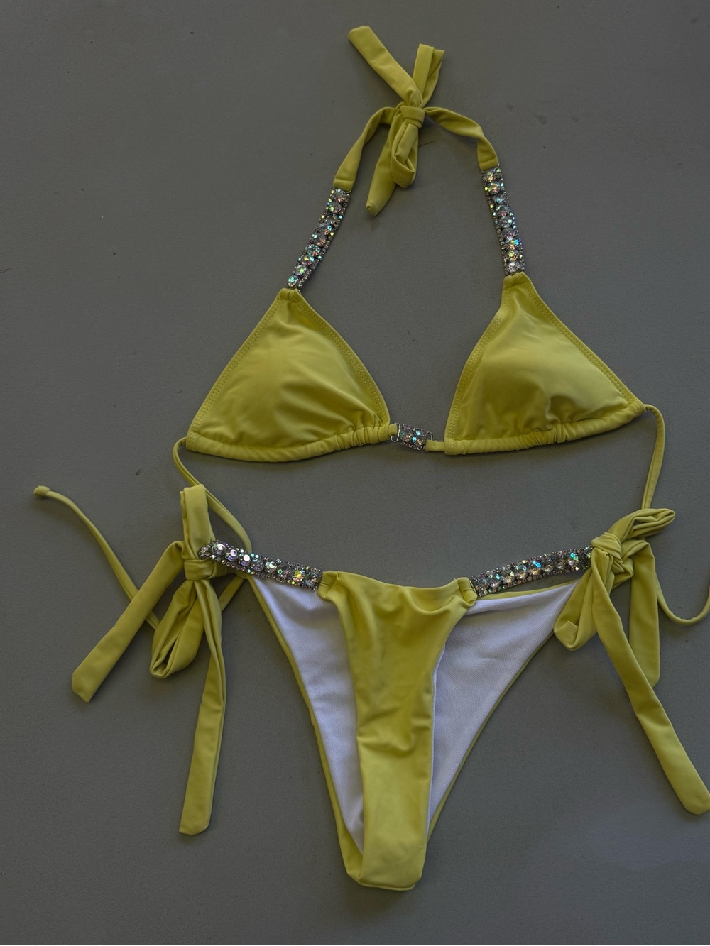 Yellow Rhinestone Trim Triangle Bikini Set